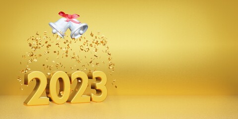 2023 happy new year gold luxury confetti and silver bell with golden background 3d rendering for Christmas and happy new year