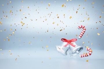 Christmas bell and candy cane with gold confetti white glossy happy new year background 3d rendering