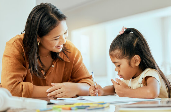 Home school girl, mother and education, learning and studying, writing books and drawing in Colombia house. Young student development, kids growth and mom parent teaching, helping tutor and knowledge - Powered by Adobe