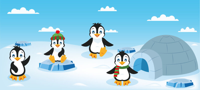 Set of penguins in different positions and ice igloo