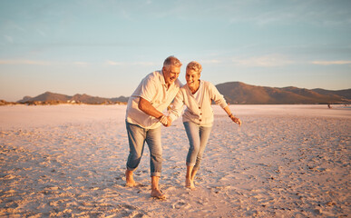 Retirement, senior couple and love being on beach, sand and walking being happy, smile and relax together. Romantic, mature man and elderly woman on seaside vacation, holiday and bonding for romance. - Powered by Adobe