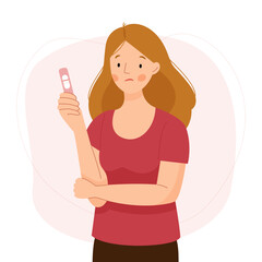 A young woman is holding a negative pregnancy test. The girl is upset, depressed. Vector flat illustration. - obrazy, fototapety, plakaty