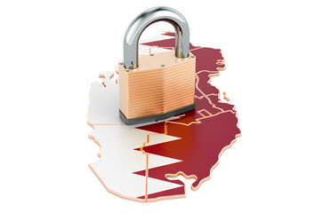 Lockdown in Qatar. Padlock with map, border protection concept. 3D rendering