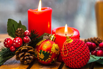 christmas background with candle decoration and christmas decorations