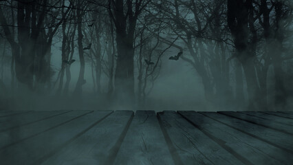 Dark foggy scary forest with bats and branches with a wooden table. Free copy space for product and design. Happy Halloween.