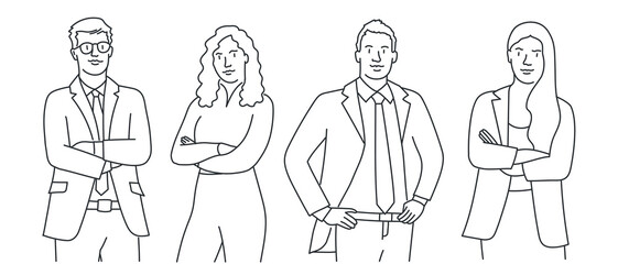 Men and a women, a group of standing business people.