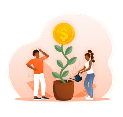 Hand with can watering money tree. Financial growth concept. Vectot illustration