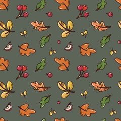 seamless pattern with  autumn leaves and berries