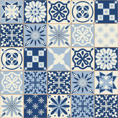 Ceramic tiles for wall decoration, blue indigo monochrome color, stylish vector illustration for interior design