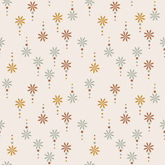 Light boho seamless pattern. Cute background with simple flowers and dots in modern bohemian style is perfect for scrapbooking, textile, wrapping paper and stationery for kids and adults