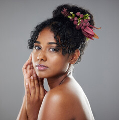Black woman, beauty and hair in skincare art for makeup, cosmetics or treatment against a grey...