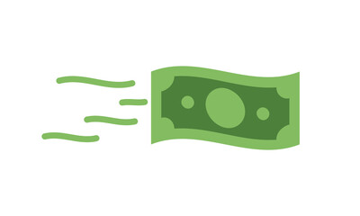 Sending money clipart vector design illustration. Simple green money banknote dollar bill flying from sender to receiver flat icon cartoon style. Purchase, money transfer icon. Money, finance concept