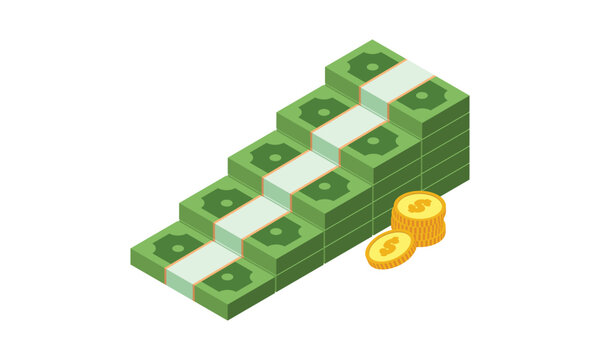 Money stacks graph clipart vector design illustration. Money stair made from green money banknote dollar bills flat icon cartoon isometric style. Money, banknote, investment, finance, wealth concept