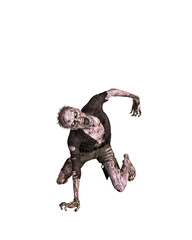 Zombie man on knees in tattered clothes. 3d illustration isolated on transparent background.