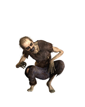 Zombie man crouching. 3d illustration isolated on transparent background.