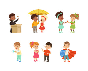 Kind and Fair Little Girl and Boy Character Sharing Apple and Umbrella, Wearing Shield and Cape Protecting Weak Vector Illustration Set