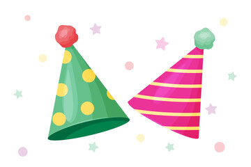 Festive hats for birthday celebrations. Vector illustration with funny hats for holidays and festive events