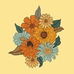 Retro Groovy Flower Bouquet. Floral vector print with daisy, cynia. Botanical boho poster in warm colors. Vintage design with flowers inspired by 70s and groovy hippy. Nostalgia floral illustration.