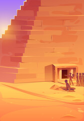 Egypt pyramid in desert and people group silhouettes at doorway. Egyptian architecture and tourists or archeologists characters discover ancient civilization in Sahara, Cartoon vector illustration - obrazy, fototapety, plakaty
