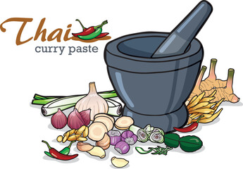 Drawing of mortars and ingredients for making Thai curry paste herbs used in making.