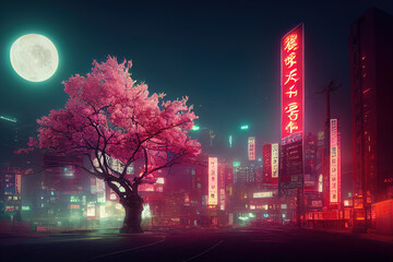 Fantasy Japanese night view city citycape, neon light, residential skyscraper buildings, pink cherry sakura tree. Night urban anime fantasy. - obrazy, fototapety, plakaty