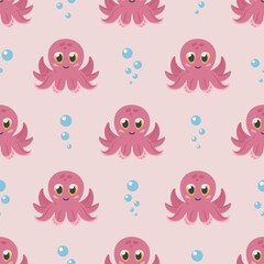 Simple seamless pattern with cute little pink octopuses and bubbles. Print for kids clothes, wrapping paper, fabric, web design. Vector flat design illustration