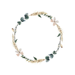 Hand drawn watercolor wreath of eucalyptus and wheat for round frame. Rustic wedding greenery. in beige, green tones. Save the date card