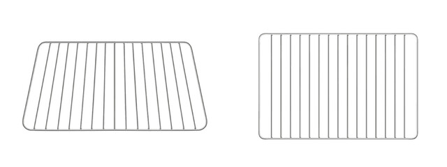 Oven rack, grill, bbq grid, steel equipment for cooking on barbecue machine or electric stove front and top view. Kitchen appliance isolated on white background. Realistic 3d vector illustration