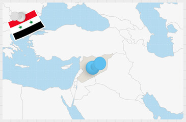 Map of Syria with a pinned blue pin. Pinned flag of Syria.