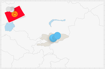 Map of Kyrgyzstan with a pinned blue pin. Pinned flag of Kyrgyzstan.