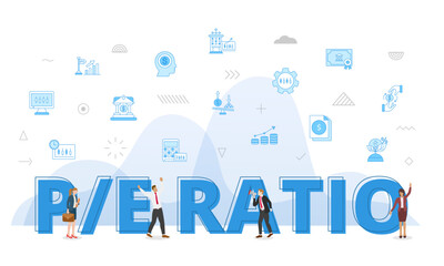 pe ratio business concept with big words and people surrounded by related icon spreading with modern blue color style