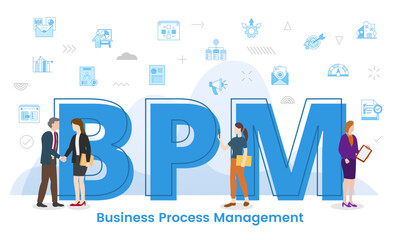 bpm business process management concept with big words and people surrounded by related icon spreading with modern blue color style