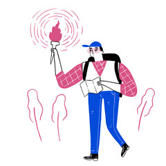 The young man is lifting the torch bright while to lost direction.