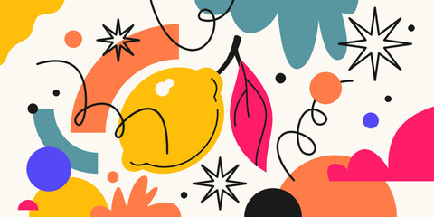 Vector graphics in a minimalistic fashionable style with geometric elements.. Illustration of a lemon.