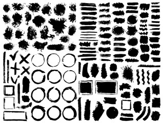 Dirty dry ink stains vector collection. Freehand ink painting messy blotches. Frame boxes.