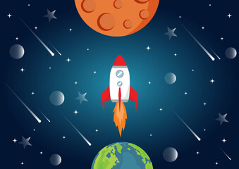 Vector Illustration of Space, Spaceship, Planet Earth, Moon