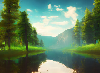 Fototapeta na wymiar Rural Green Pond Beautiful Lake Landscape Trees Mountain Sky Park Clouds Tree Scenery Fall Forest Water Grass Beauty Summer Cloud Mountains Reflection Nature River Autumn