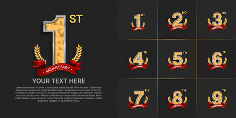 set of anniversary with golden color and vintage theme can be use for celebration event