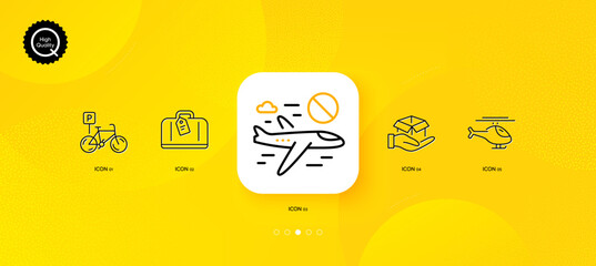 Fototapeta na wymiar Hold box, Bicycle parking and Cancel flight minimal line icons. Yellow abstract background. Hand baggage, Helicopter icons. For web, application, printing. Vector