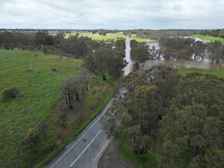 Fototapeta na wymiar Flooding Axedale village, Campaspe River burst its banks near Bendigo after heavy spring rain 2022