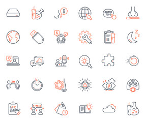 Science icons set. Included icon as Fast recovery, Chemistry flask and Puzzle web elements. Moon, Difficult stress, Quick tips icons. Coronavirus lungs, Medical analyzes. Vector