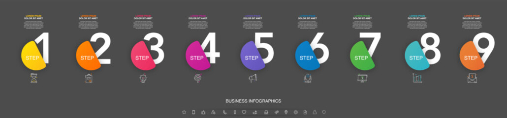 Modern vector flat illustration. Infographic numbers template with nine icons, circles. Timeline designed for business, presentations, web design, interface, diagrams with 9 steps on black background