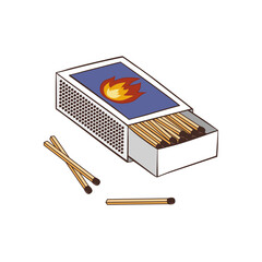 Box of safety matches. Wooden sticks of matches in an open box. Stock vector outline black and white illustration.