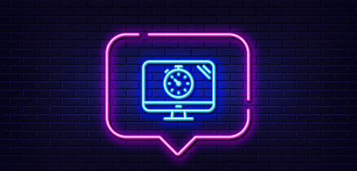 Neon light speech bubble. Seo timer line icon. Search engine optimization sign. Analytics symbol. Neon light background. Seo timer glow line. Brick wall banner. Vector