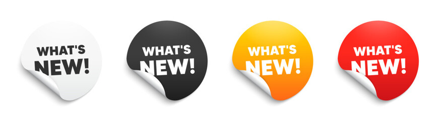 Whats new text. Round sticker badge with offer. Special offer sign. New arrivals symbol. Paper label banner. Whats new adhesive tag. Vector