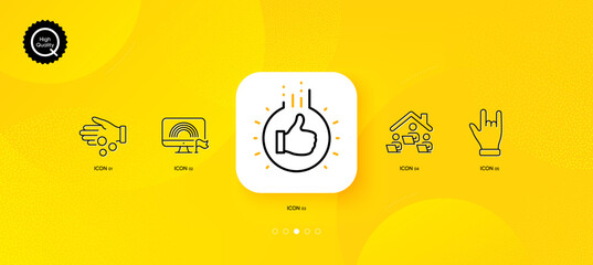 Fototapeta na wymiar Like hand, Lgbt and Horns hand minimal line icons. Yellow abstract background. Work home, Donation money icons. For web, application, printing. Thumbs up, Rainbow flag, Gesture palm. Vector