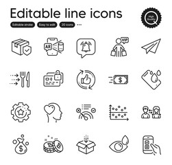 Set of Business outline icons. Contains icons as Refresh like, Mobile survey and Eye drops elements. Bitcoin, Notification bubble, Food delivery web signs. Paper plane, Money transfer. Vector