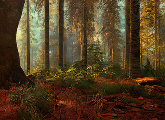 Fototapeta premium Fog Foliage Park Leaf Tree Fall Woods Sunlight Foggy Summer Path Sun Landscape Misty Woodland Morning Mist Autumn Wood Green Leaves Nature Forest Light Trees