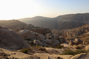 landscape view at sunset in dana natural biosphere reserve - obrazy, fototapety, plakaty