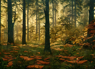 Obraz premium Woods Path Mist Leaves Woodland Foliage Fall Trees Sun Landscape Fog Forest Light Morning Autumn Foggy Park Leaf Green Sunlight Tree Summer Misty Nature Wood